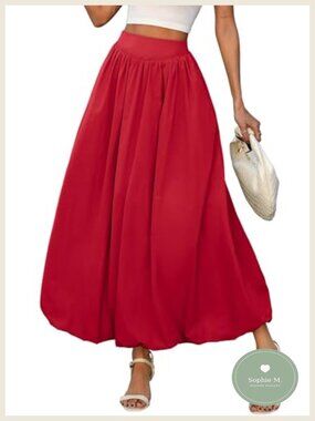 Bubble Maxi Skirt Elastic Waist Puffy A-Line Long Skirt Pockets